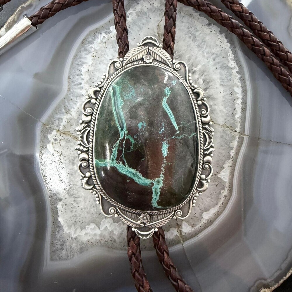 Sterling Southwestern Style Oval Large Chrysocolla Bolo Tie For Men - Picture 4 of 10